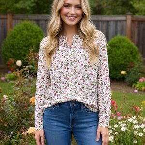 Floral Button-Up Long Sleeve Blouse - Mint Background with Magenta & Olive Print